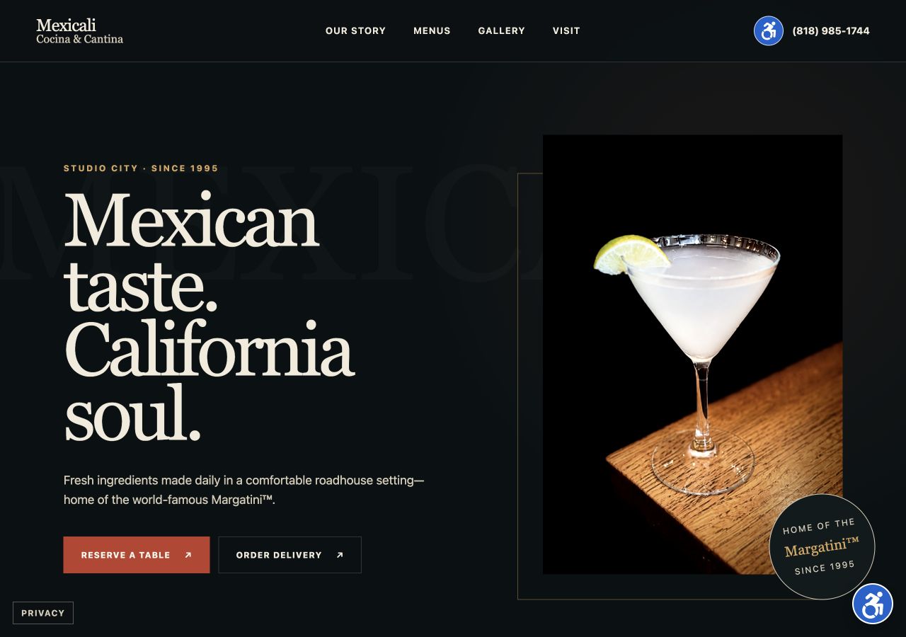 Mexicali desktop homepage with its Margatini photograph and clear reservation and delivery buttons.