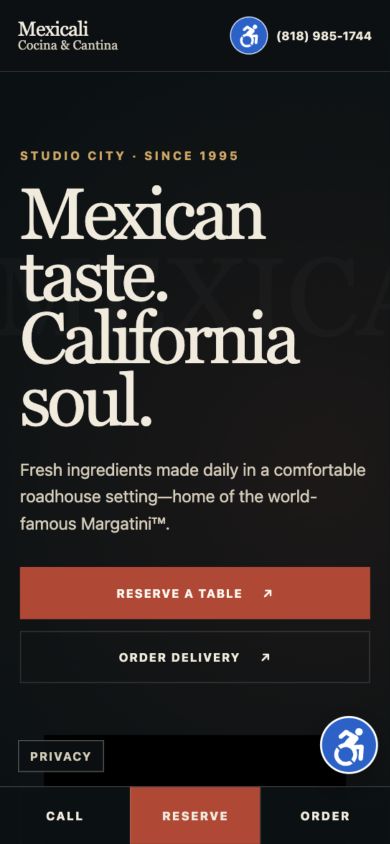The same Mexicali homepage on a phone, with large reservation and delivery buttons and a bottom call, reserve, and order bar.